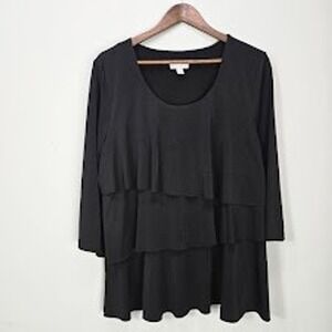 Susan Graver Top Tunic Women's Large Black Liquid Knit Tiered 3/4 Sleeve Office